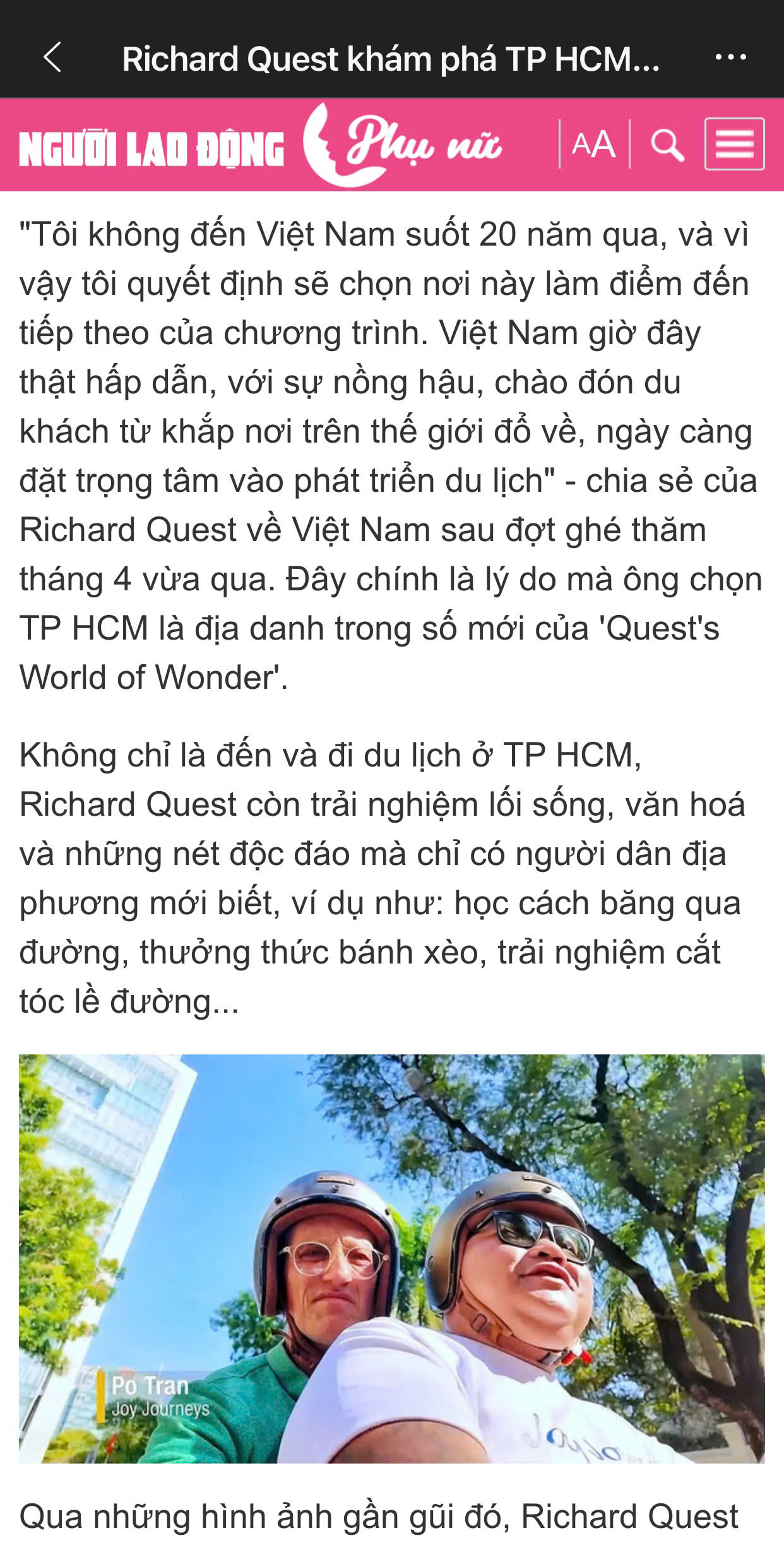 The press reports on Richard Quest exploring Ho Chi Minh City with Joy Journeys