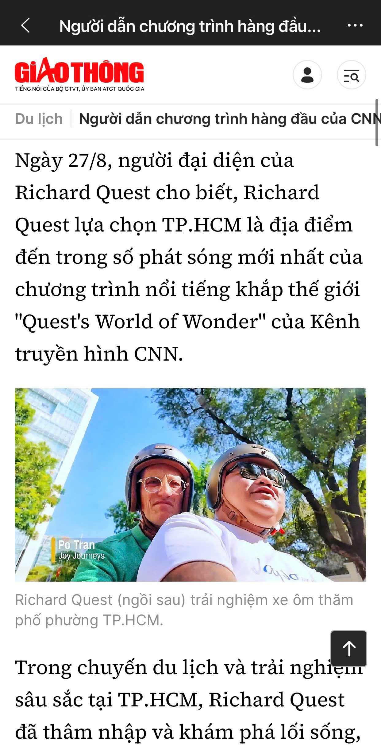 The press reports on Richard Quest exploring Ho Chi Minh City with Joy Journeys