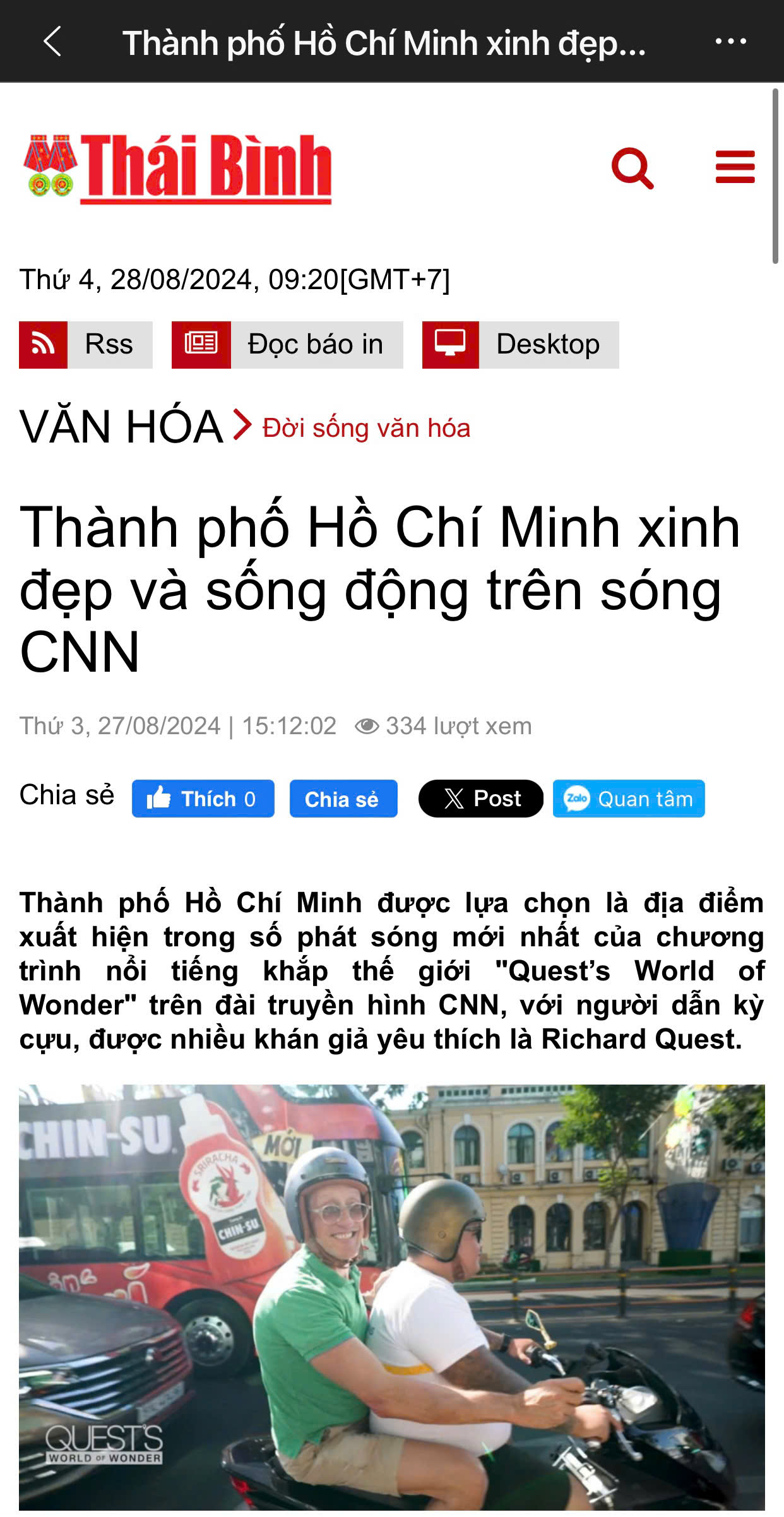 The press reports on Richard Quest exploring Ho Chi Minh City with Joy Journeys