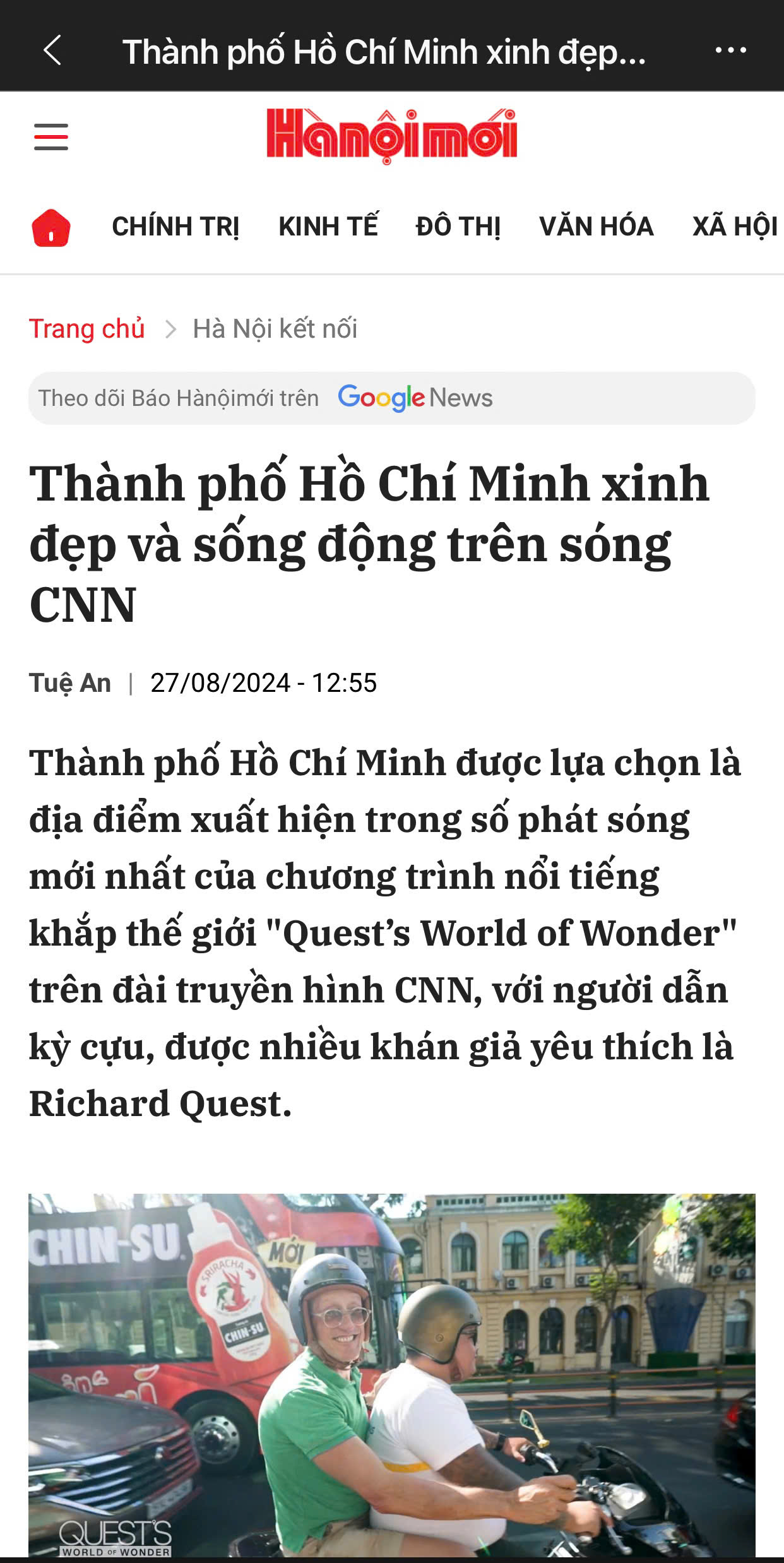 The press reports on Richard Quest exploring Ho Chi Minh City with Joy Journeys