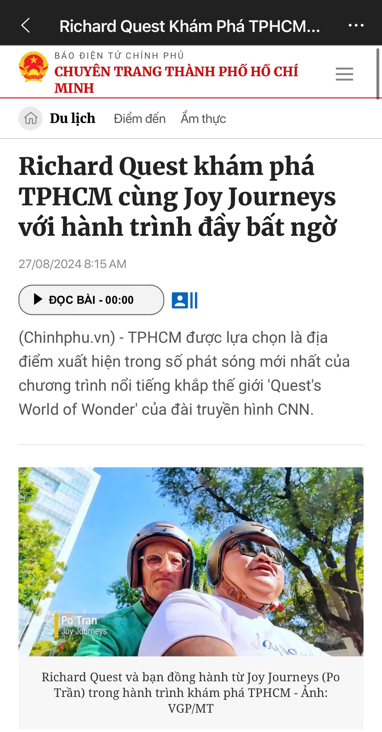 The press reports on Richard Quest exploring Ho Chi Minh City with Joy Journeys