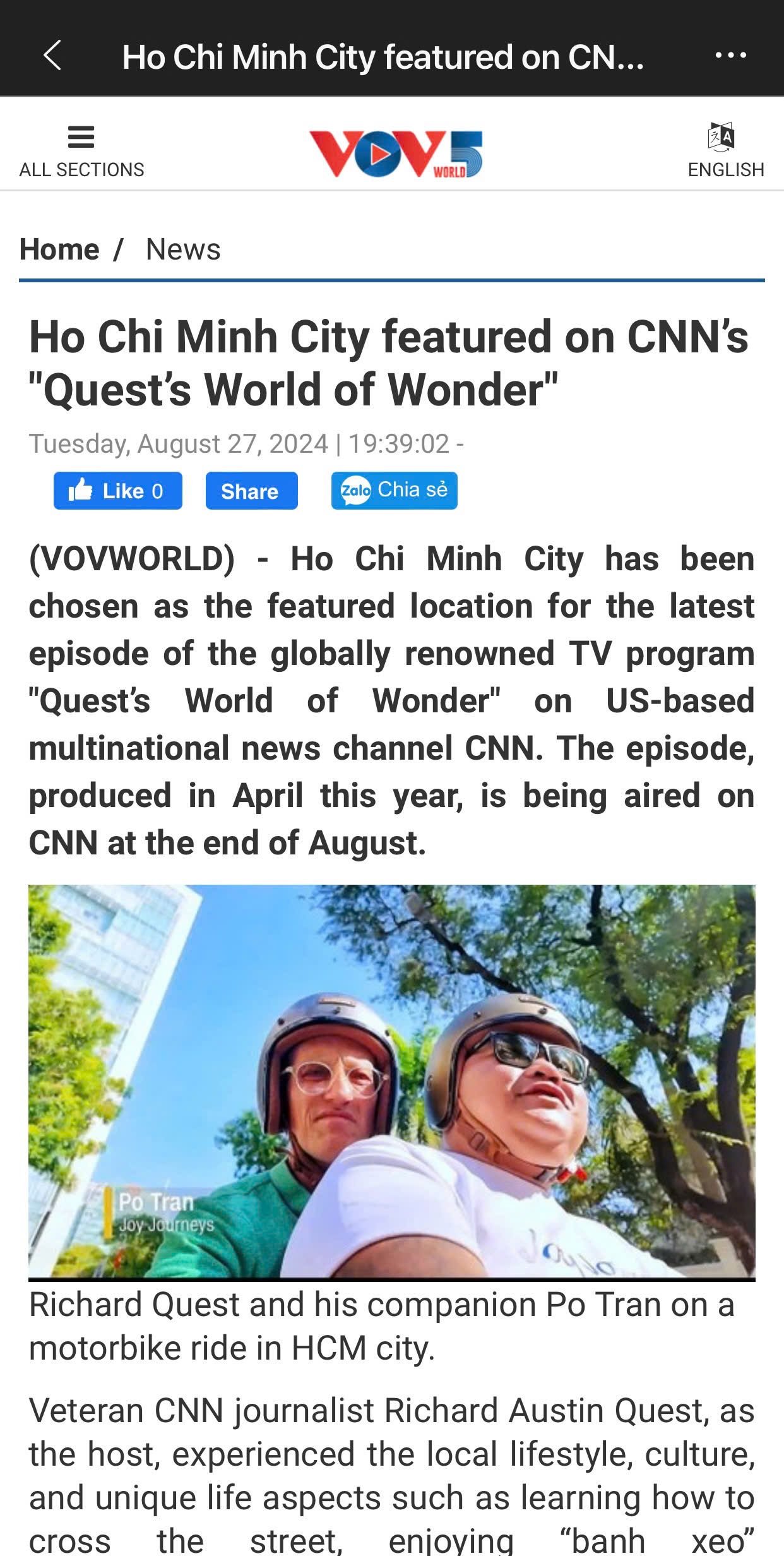 The press reports on Richard Quest exploring Ho Chi Minh City with Joy Journeys