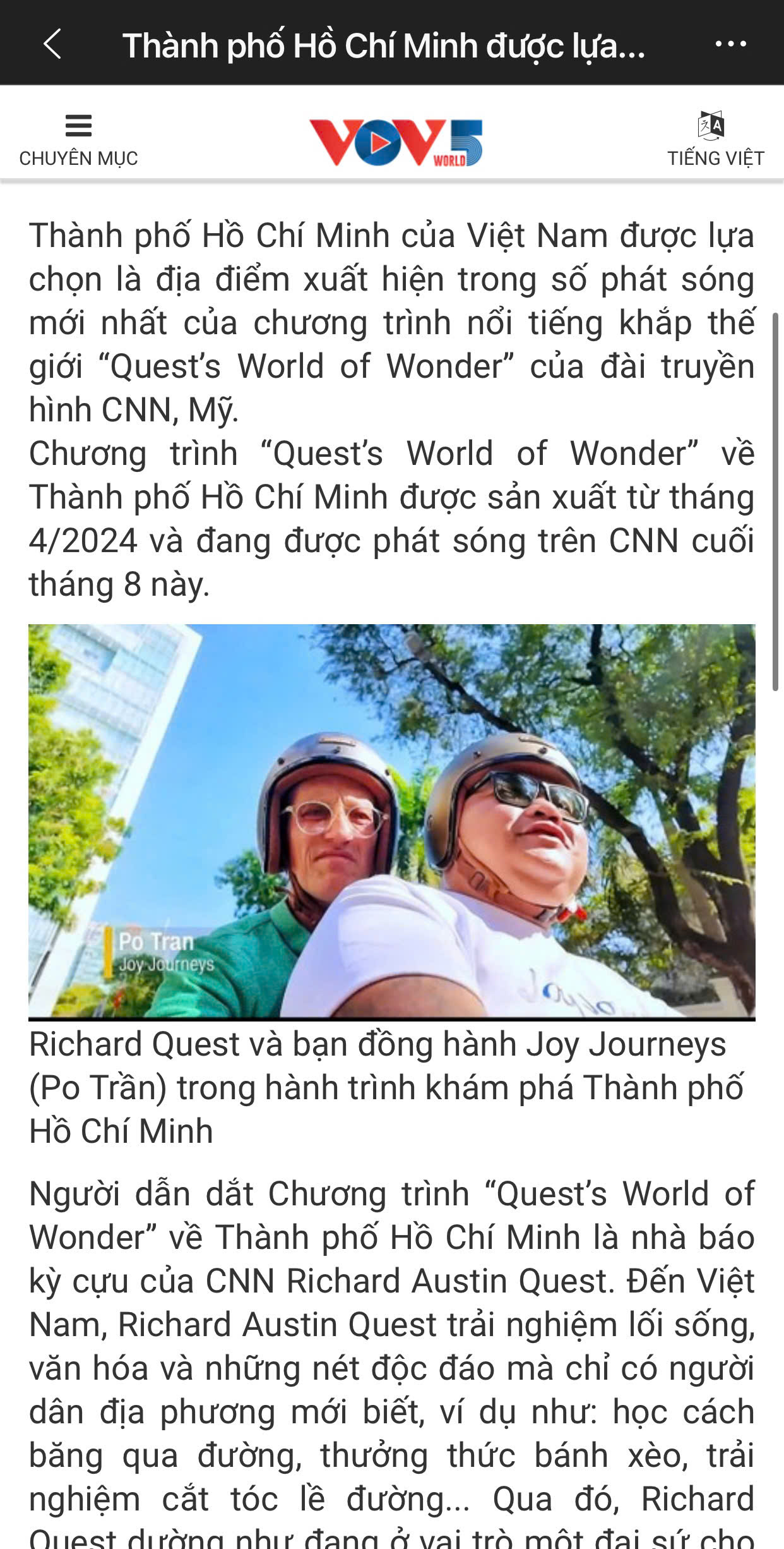 The press reports on Richard Quest exploring Ho Chi Minh City with Joy Journeys