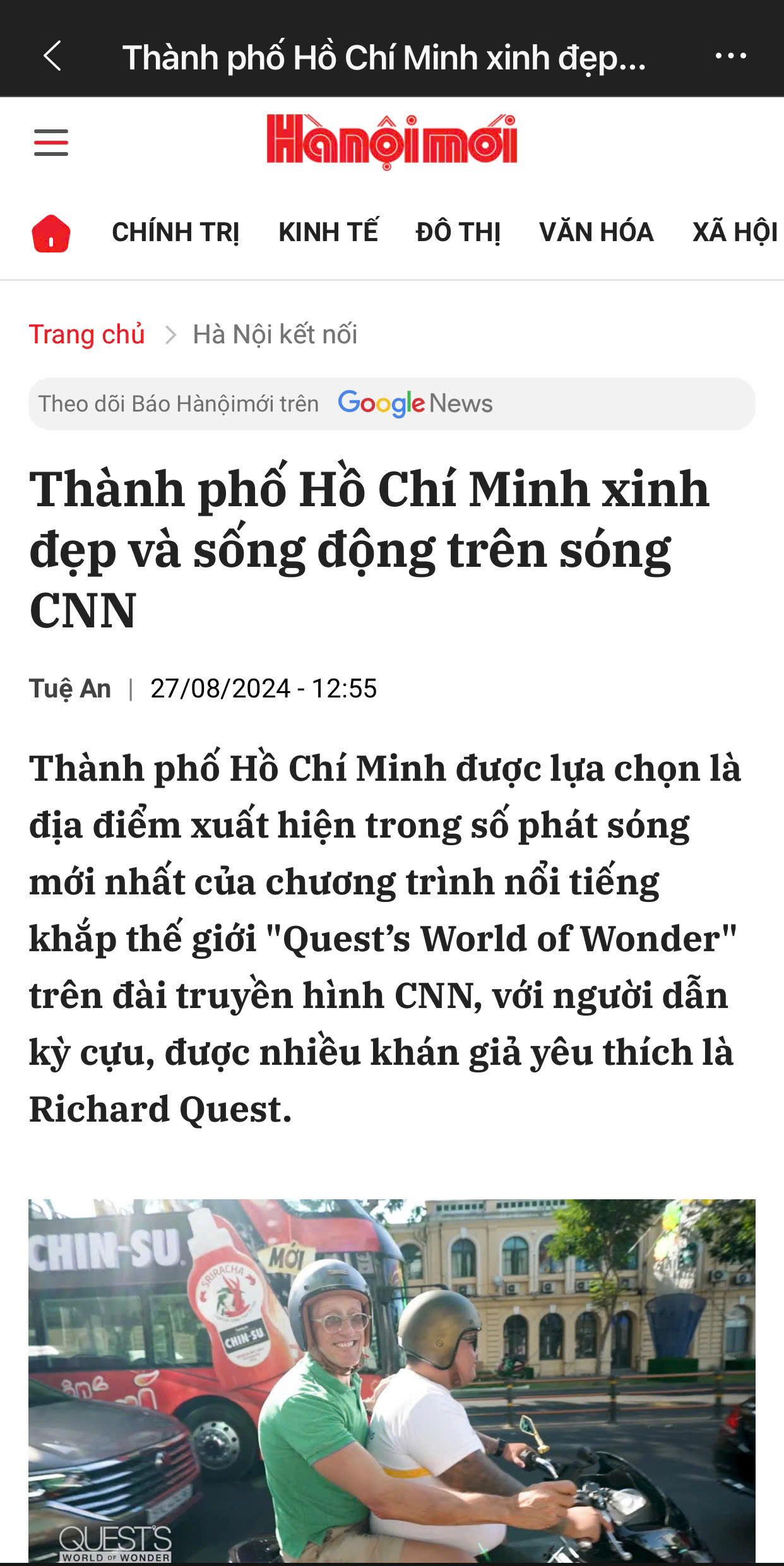 The press reports on Richard Quest exploring Ho Chi Minh City with Joy Journeys