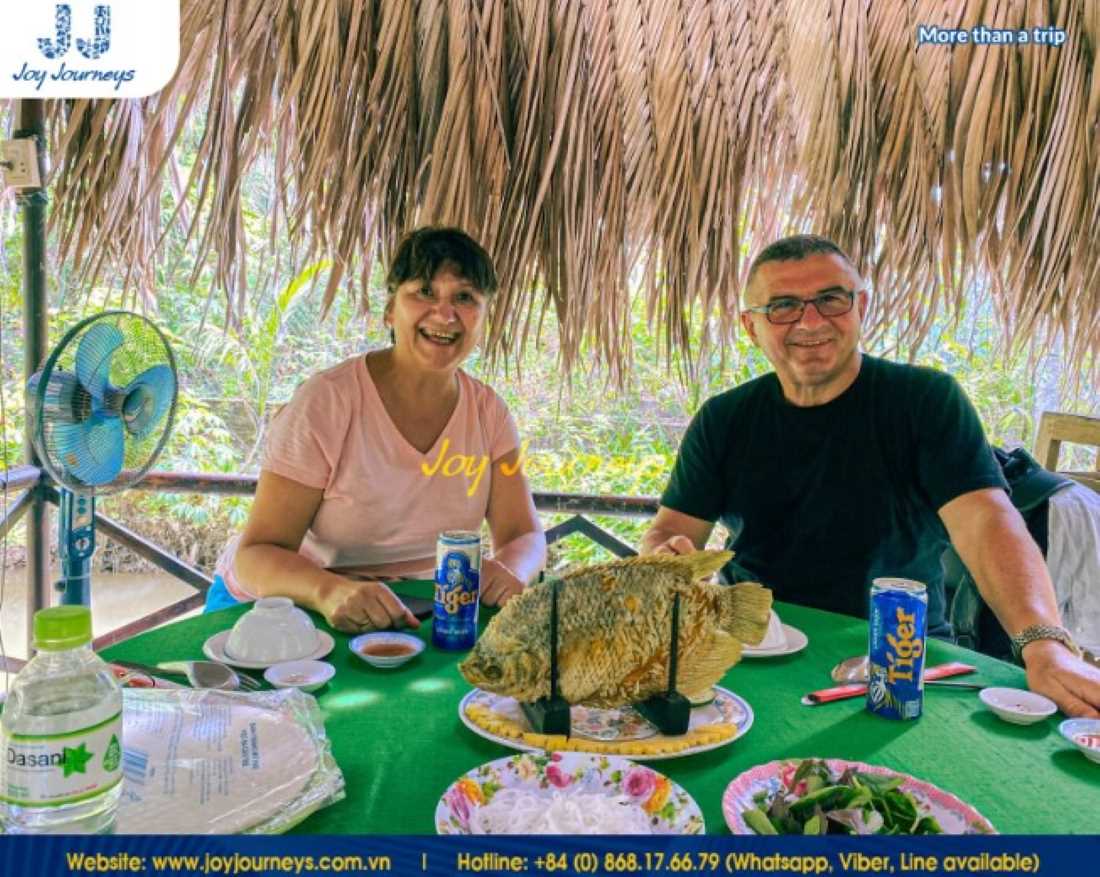 Enjoy a perfectly deep-fried giant gourami on a tour to Ben Tre with Joy Journeys